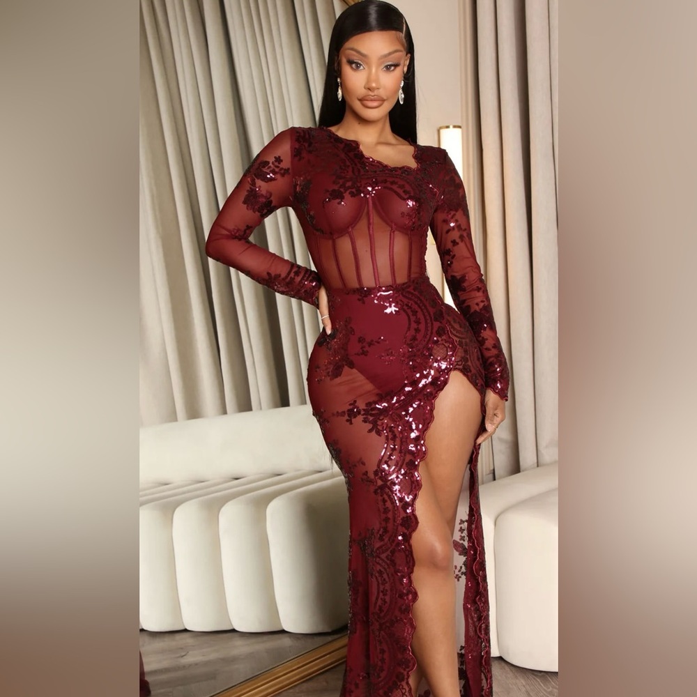 Fashion Nova Glam Factor Sequin Maxi Dress - Wine